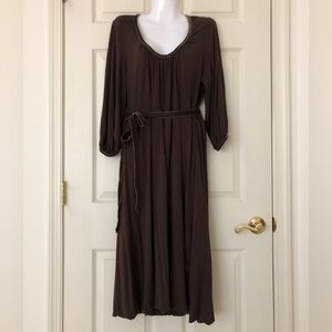Boden Velvet-Trimmed 3/4 Sleeve Jersey Knit Dress Brown Size UK16/US12